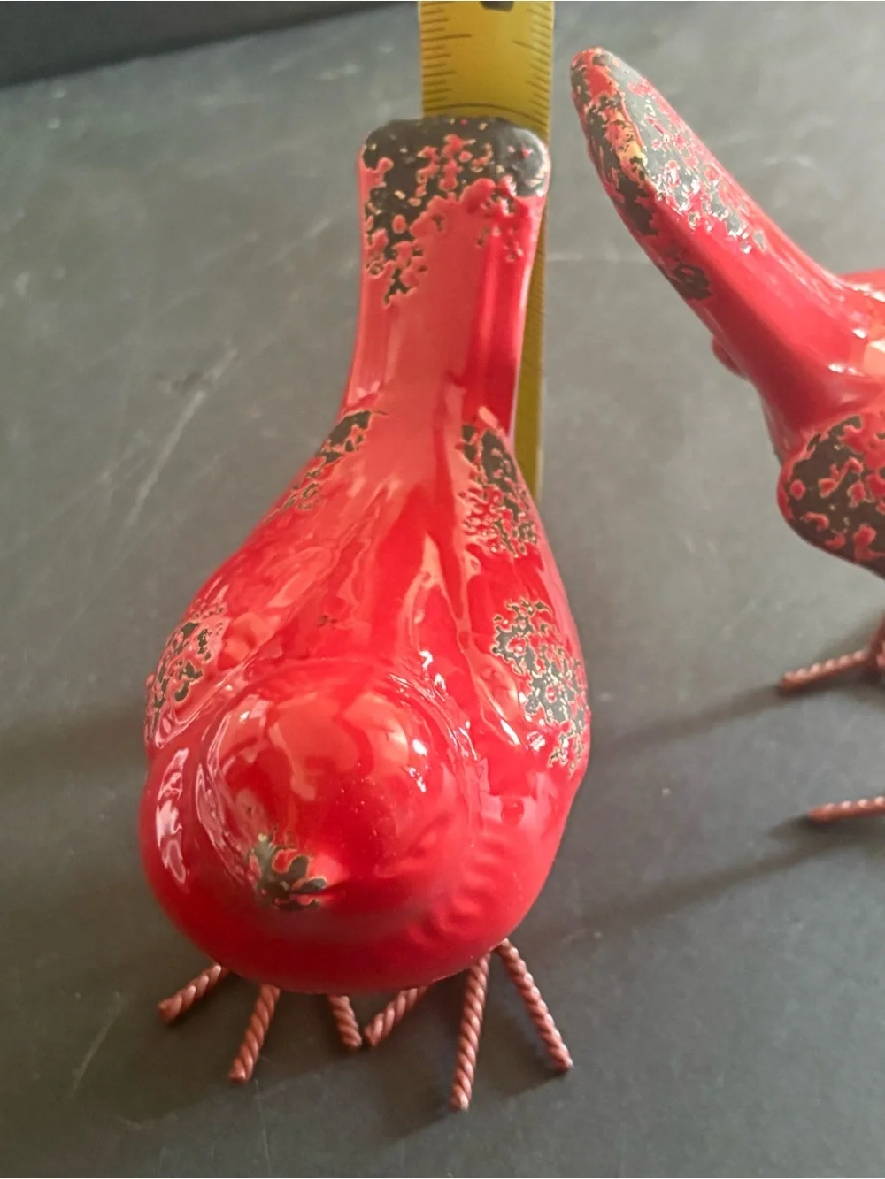 Distressed ceramic red/black bird figurines wire feet pair rustic farmhouse